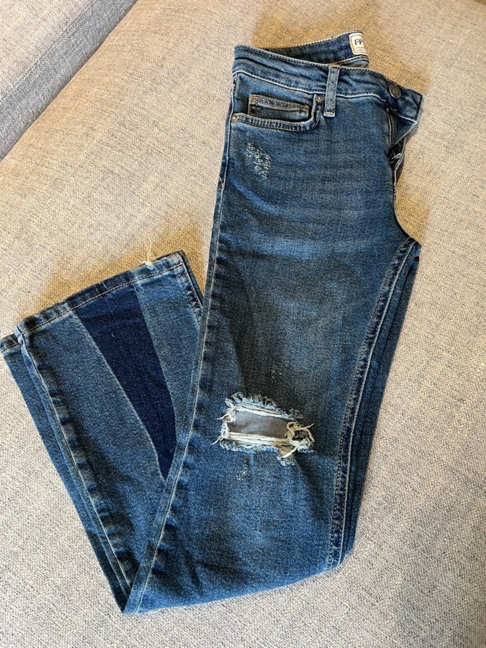 Free People Dark Blue Denim Jeans with Contrast Stitching